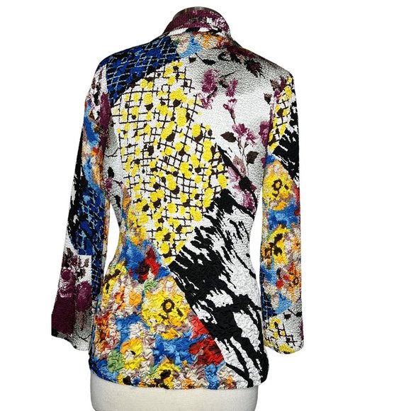 Alberto Malaki blouse size medium colorful long sleeve collar crinkle stretch ab - Picture 5 of 13